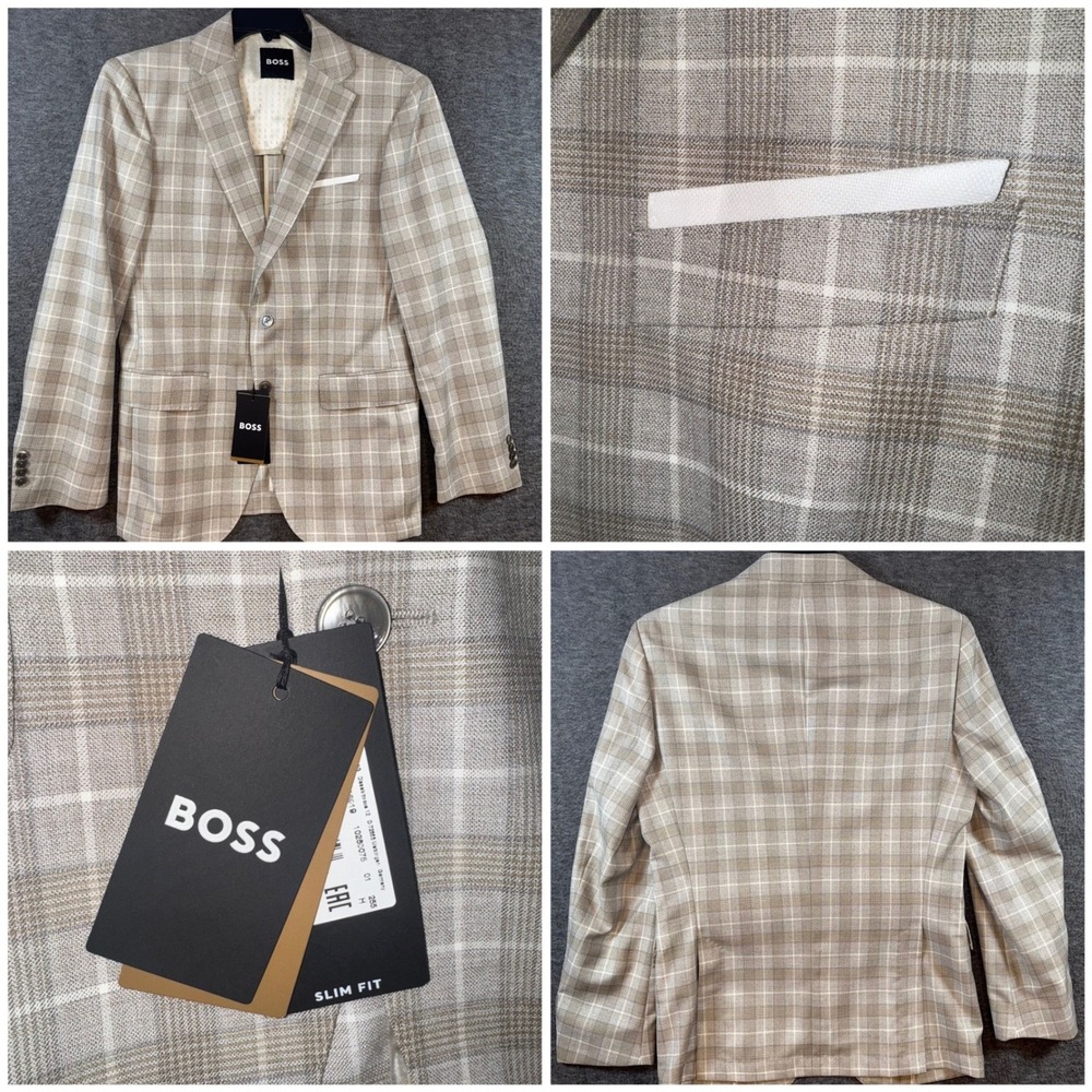 BOSS Hugo Boss Hutson Plaid Slim Fit Blazer Mens Size 38R Beige Gray NEW